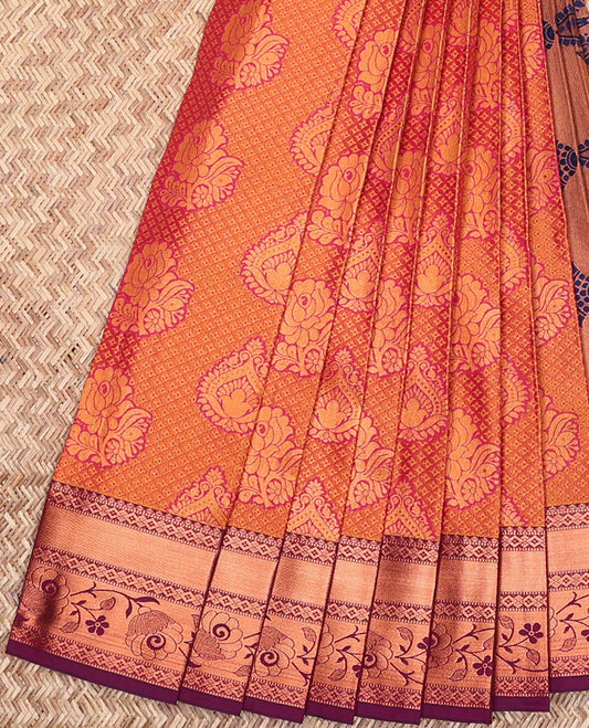 Orange jacquard art silk saree, contrast traditional zari border & pallu of intricate design