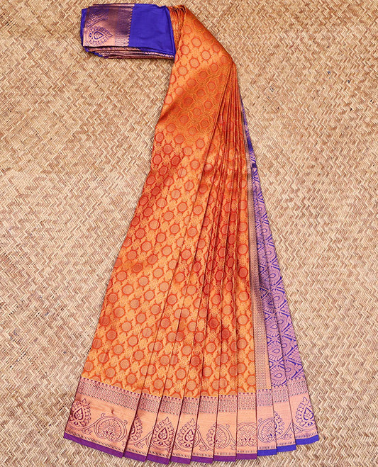 Orange jacquard art silk saree, contrast traditional zari border & pallu of intricate designs