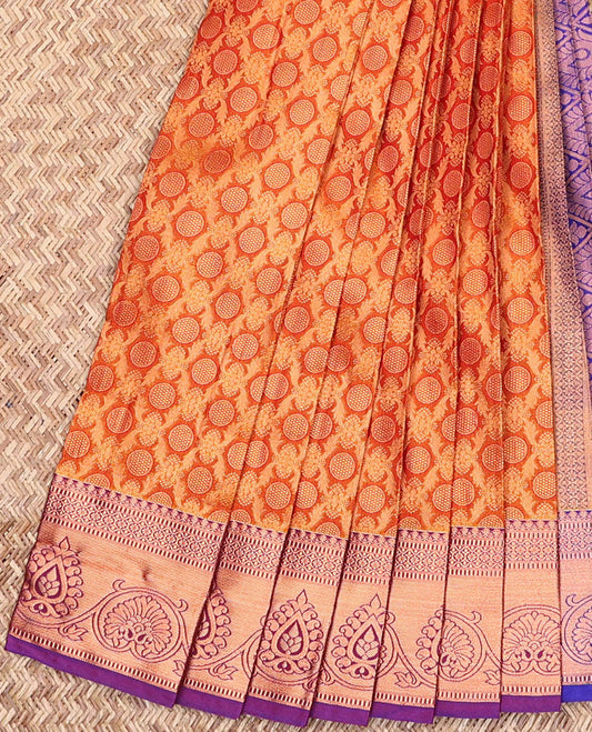 Orange jacquard art silk saree, contrast traditional zari border & pallu of intricate designs