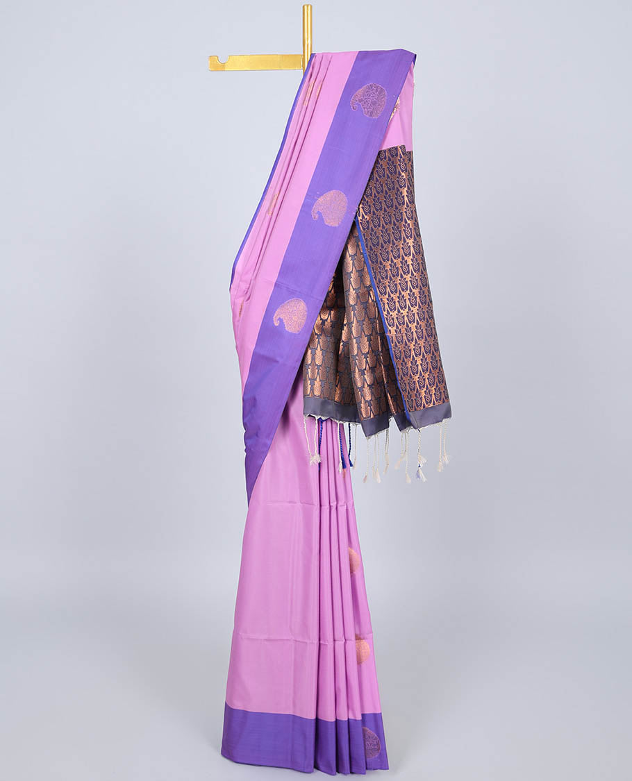 Pink semi-soft silk saree with zari buttas, contrast paisley design zari border & ogee patterned pallu
