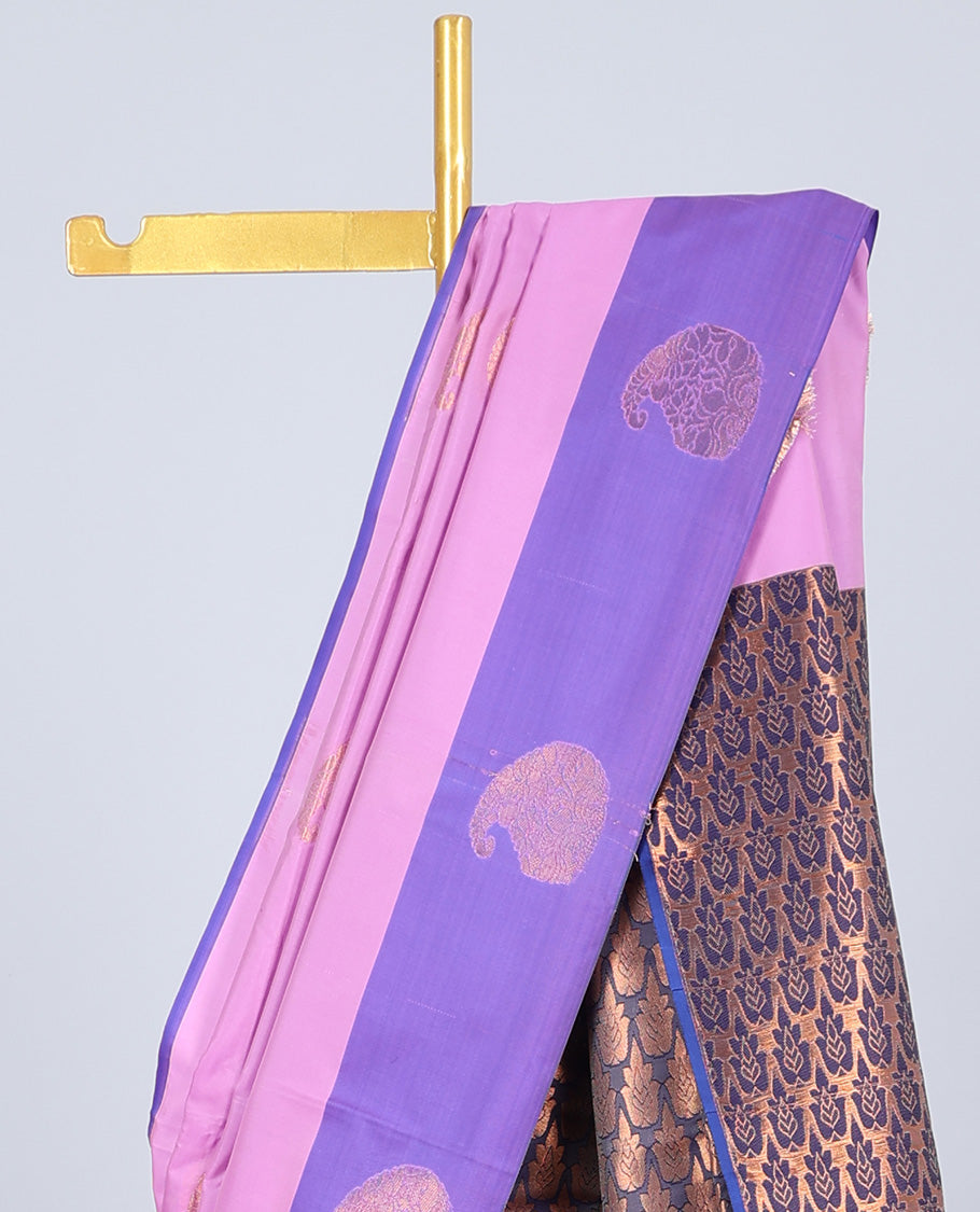 Pink semi-soft silk saree with zari buttas, contrast paisley design zari border & ogee patterned pallu