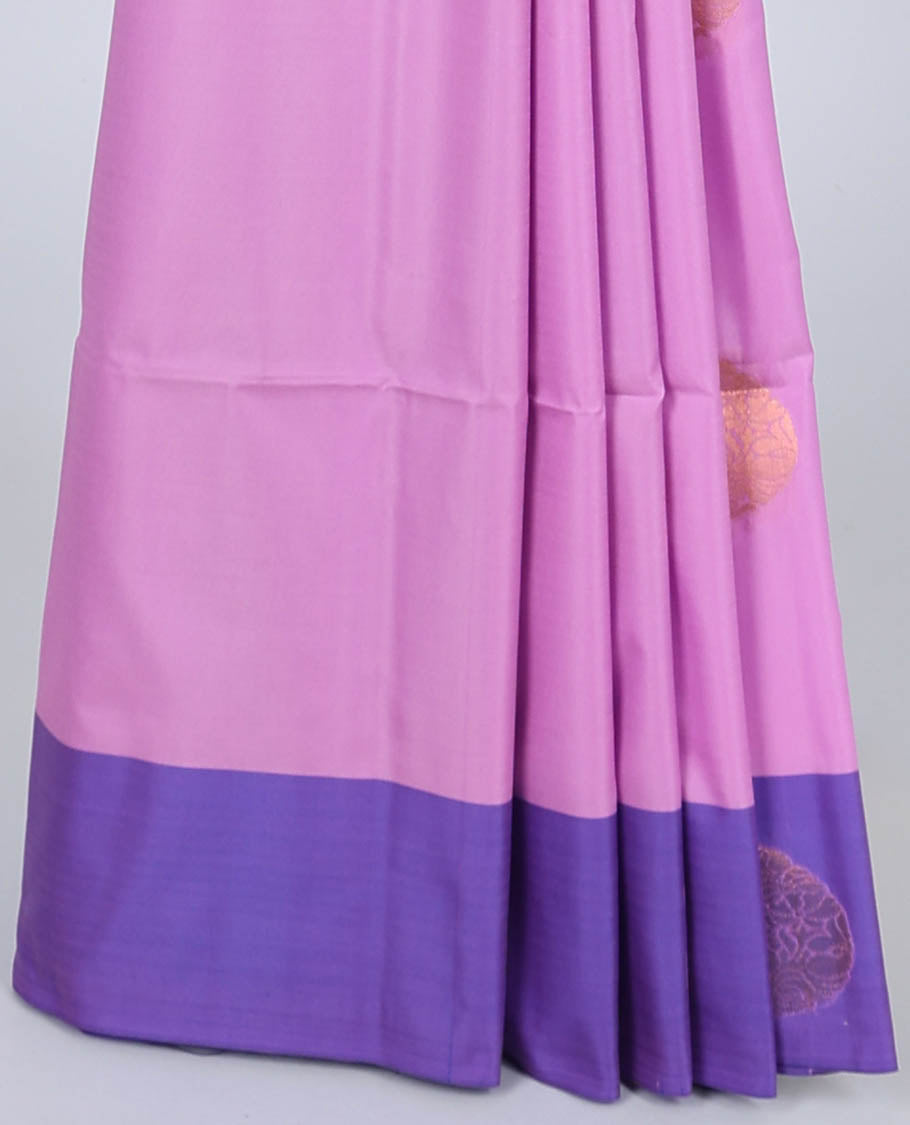Pink semi-soft silk saree with zari buttas, contrast paisley design zari border & ogee patterned pallu