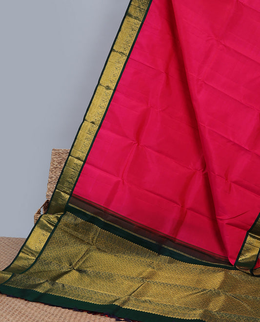 Pink plain silk saree, contrast korvai border of rekku,banaras,muthu,arumbu manga & bentex