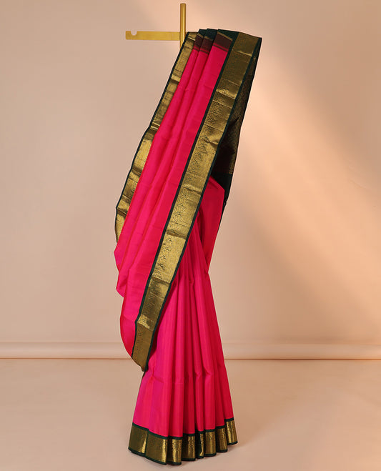 Pink plain silk saree, contrast korvai border of rekku,banaras,muthu,arumbu manga & bentex