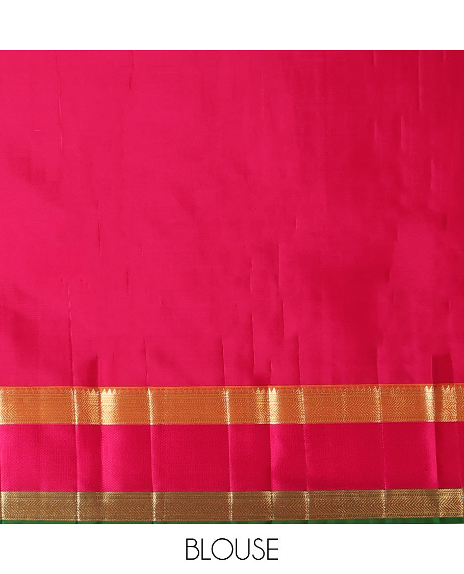 Purple silk saree with buttas, contrast rettai pettu border of rekku,muthu,banaras & kathir & zari-rich pallu