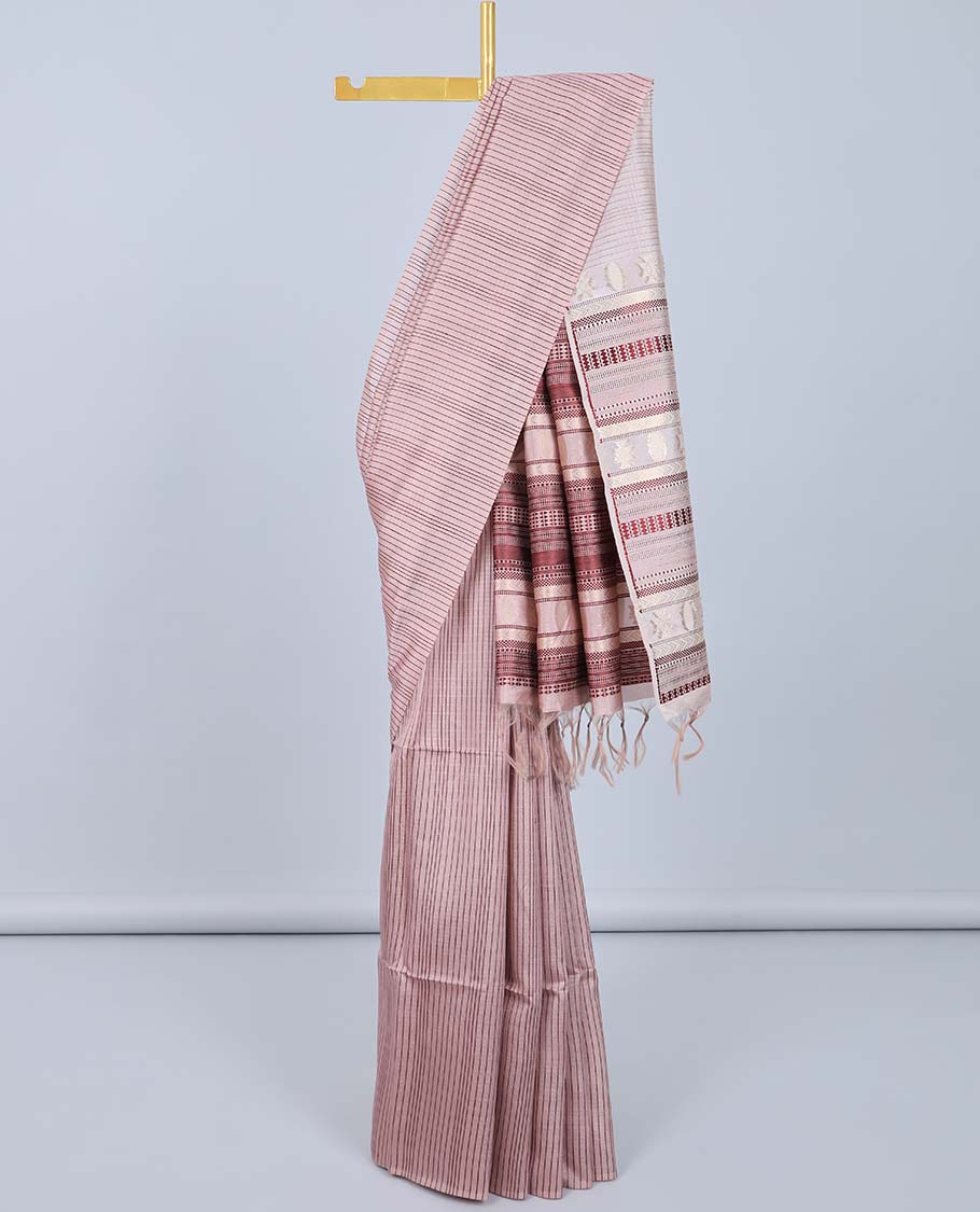 Borderless peach striped Semi banaras tussar saree, self-pallu of traditional designs
