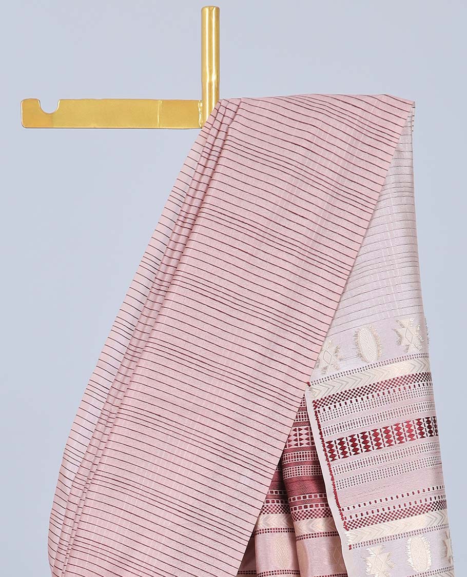 Borderless peach striped Semi banaras tussar saree, self-pallu of traditional designs