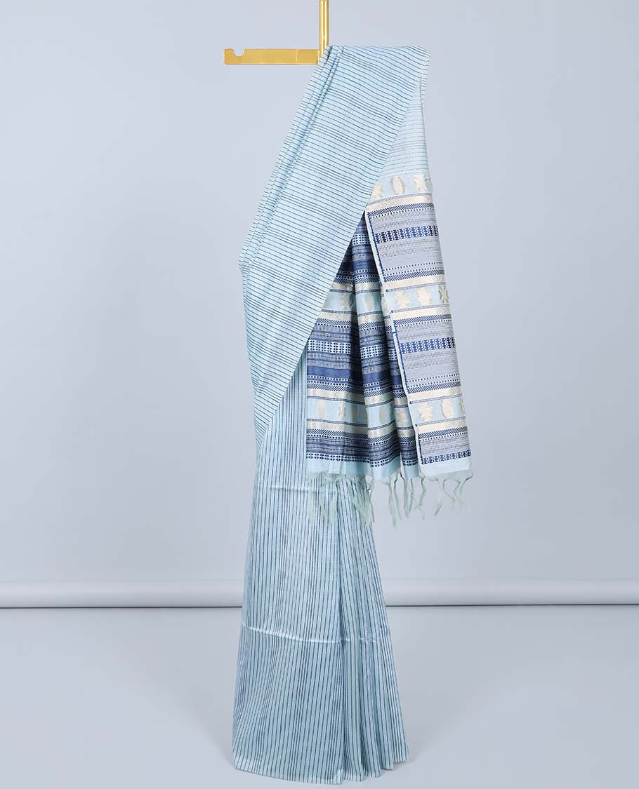 Borderless pastel blue striped semi-tissue saree, self-pallu of traditional designs
