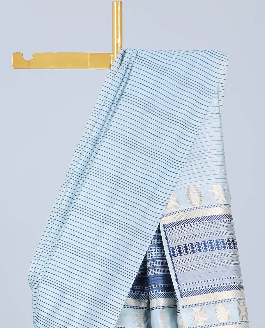 Borderless pastel blue striped semi-tissue saree, self-pallu of traditional designs