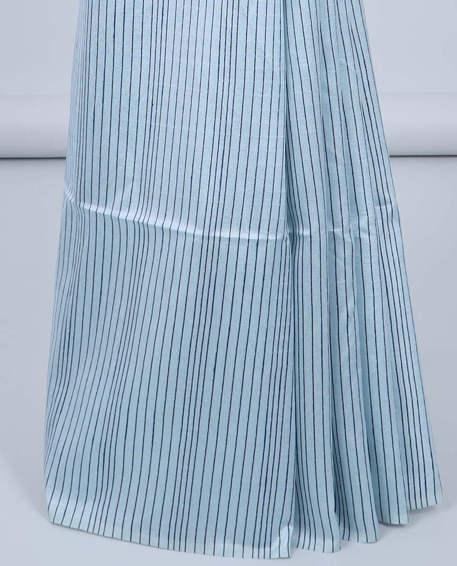 Borderless pastel blue striped semi-tissue saree, self-pallu of traditional designs