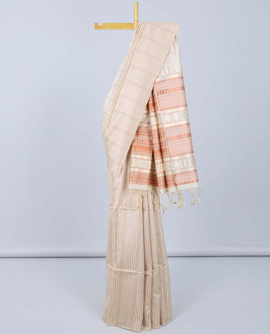 Borderless light sandal striped Semi banaras tussar saree, self-pallu of traditional designs
