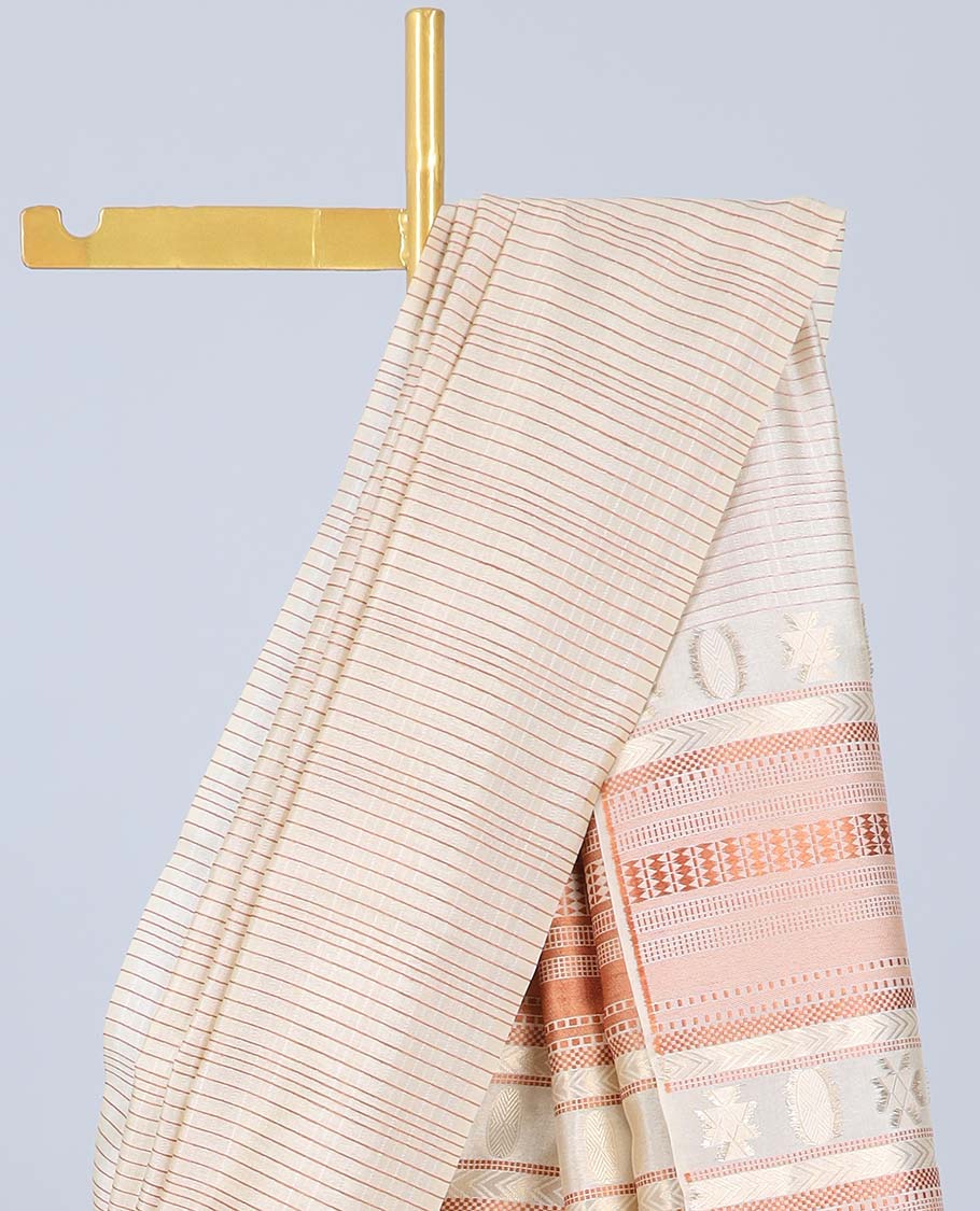 Borderless light sandal striped Semi banaras tussar saree, self-pallu of traditional designs