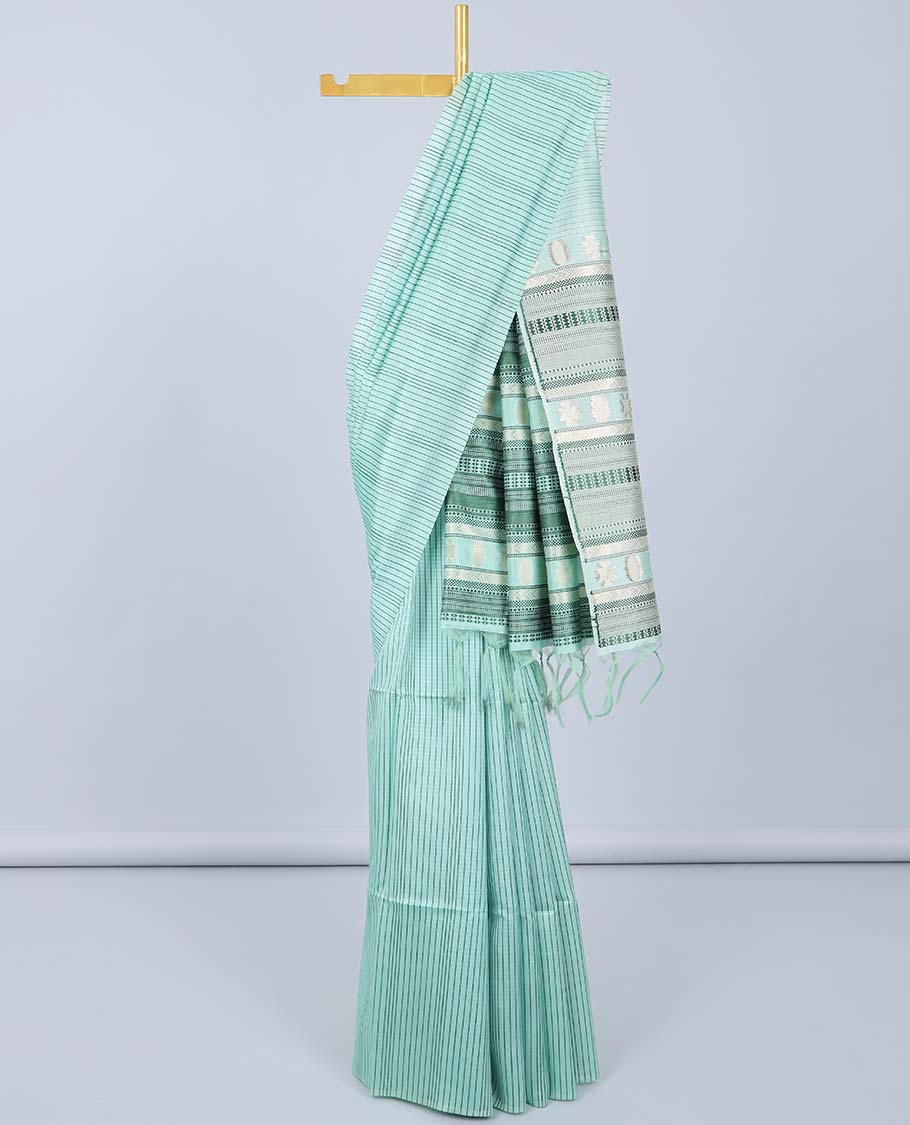 Borderless peach striped Semi banaras tussar saree, self-pallu of traditional designs
