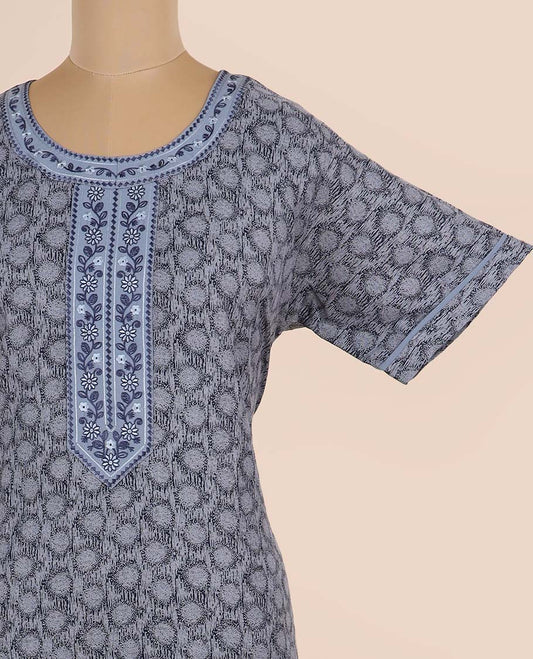 Grey geometric printed & embroidery round-neck half-sleeve nighty
