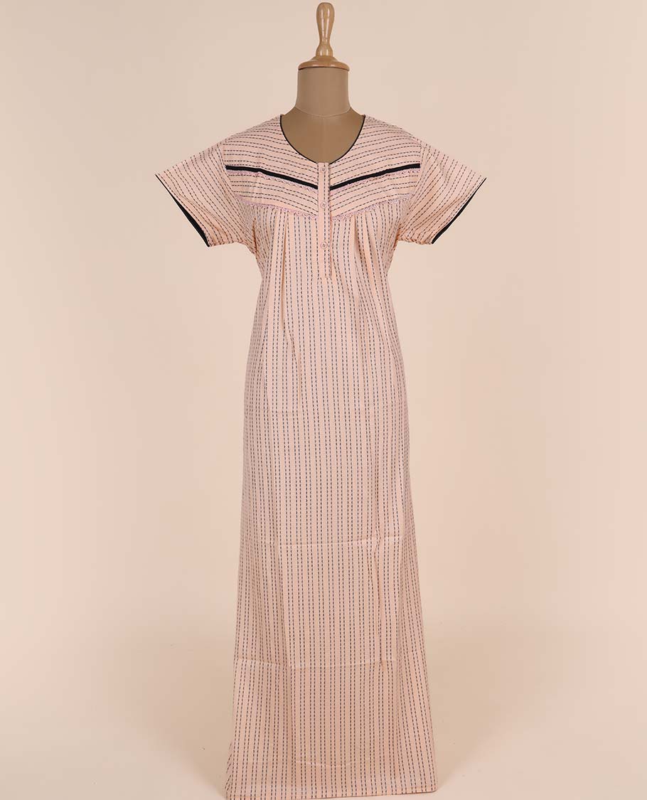 Pastel orange geometric printed & embroidery round-neck half-sleeve nighty