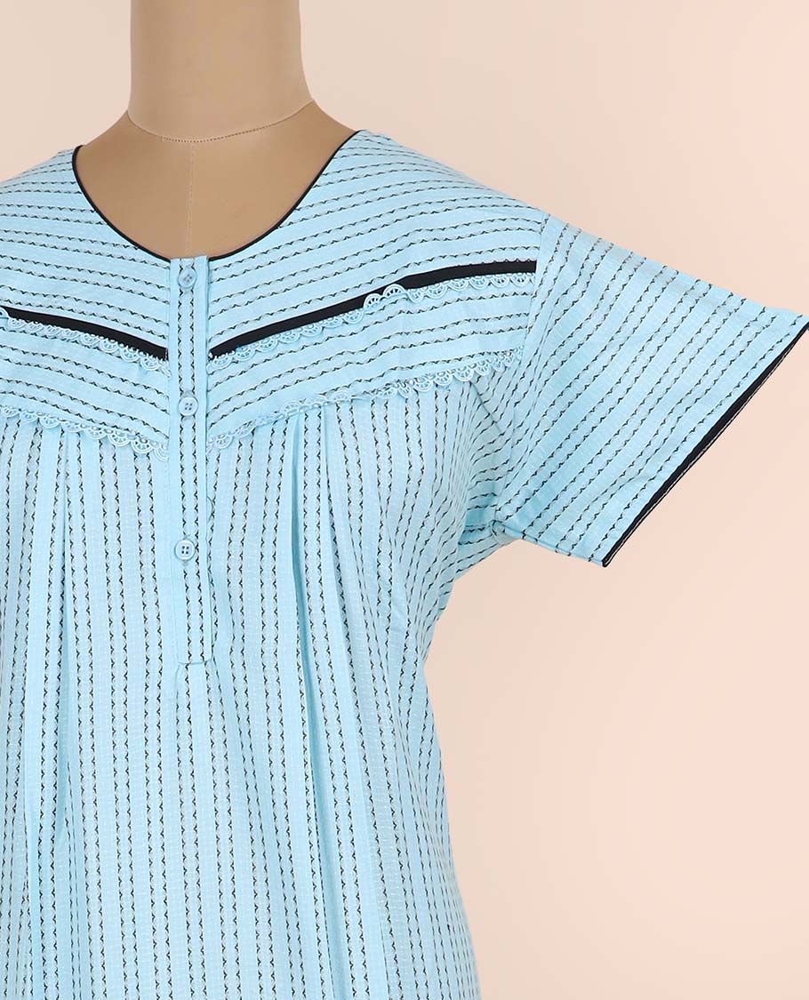 Pastel blue geometric printed & embroidery round-neck half-sleeve nighty