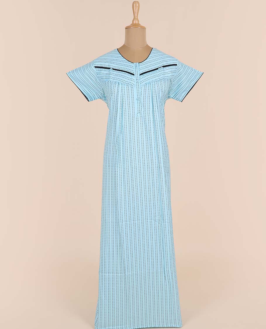 Pastel blue geometric printed & embroidery round-neck half-sleeve nighty