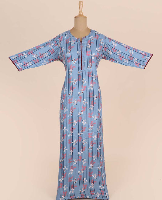 Blue stripes & floral motifs printed round-neck 3/4th-sleeve nighty