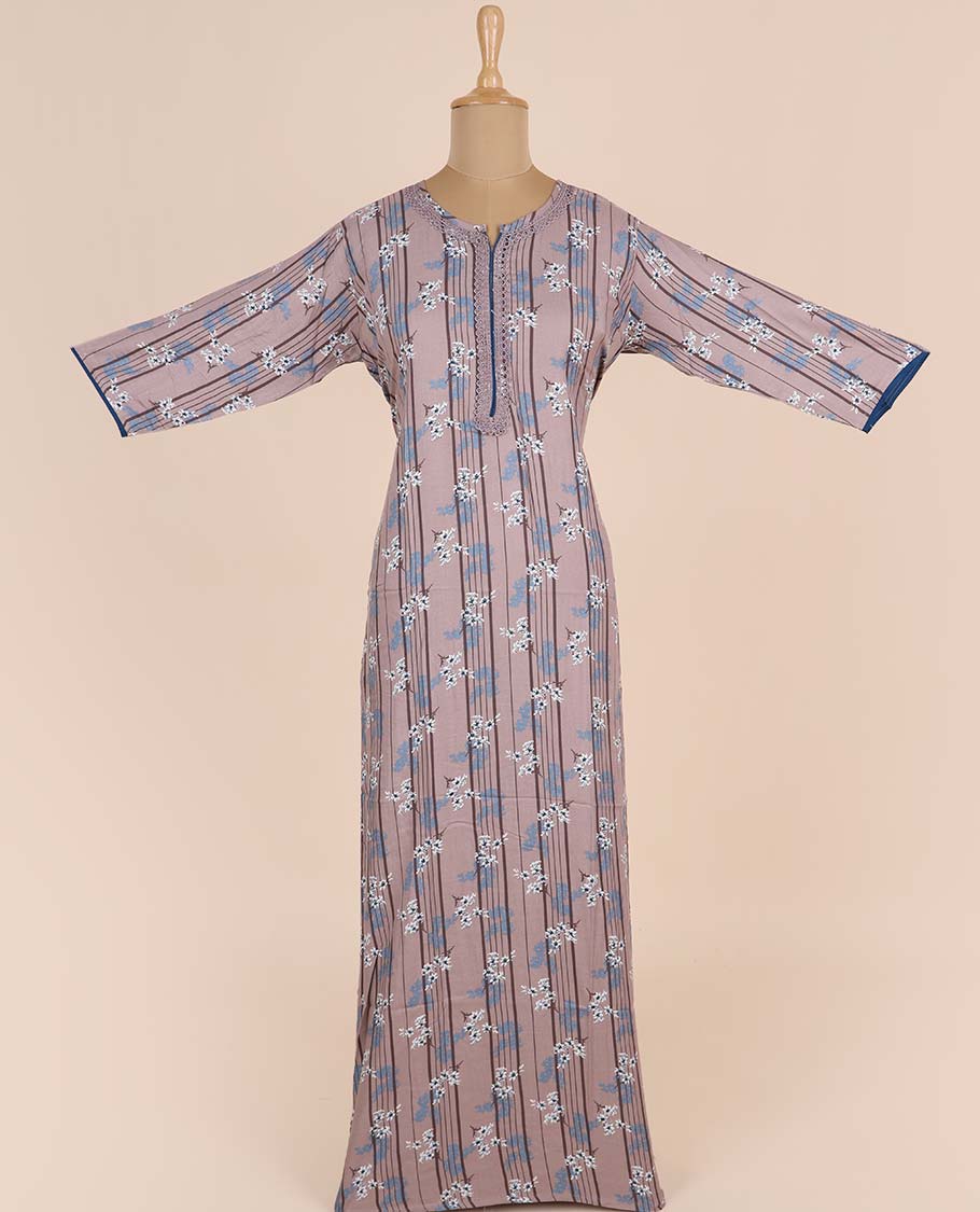 Pale brown stripes & floral motifs printed round-neck 3/4th-sleeve nighty