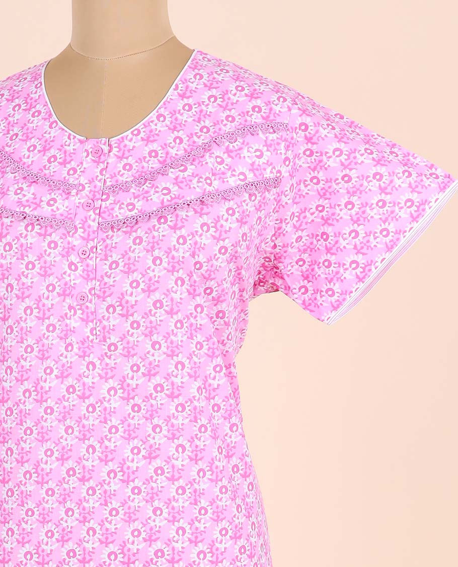 Pink floral motifs printed with lace work round-neck half-sleeve nighty