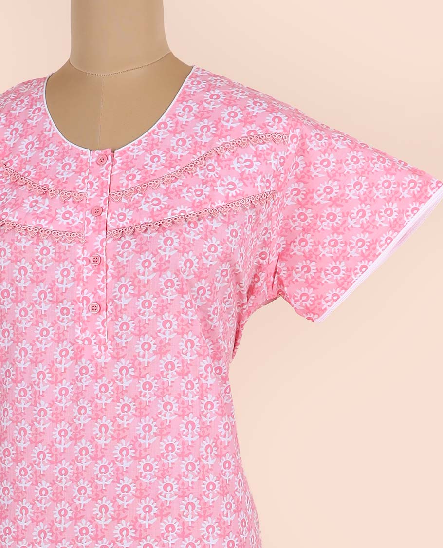 Pink floral motifs printed with lace work round-neck half-sleeve nighty