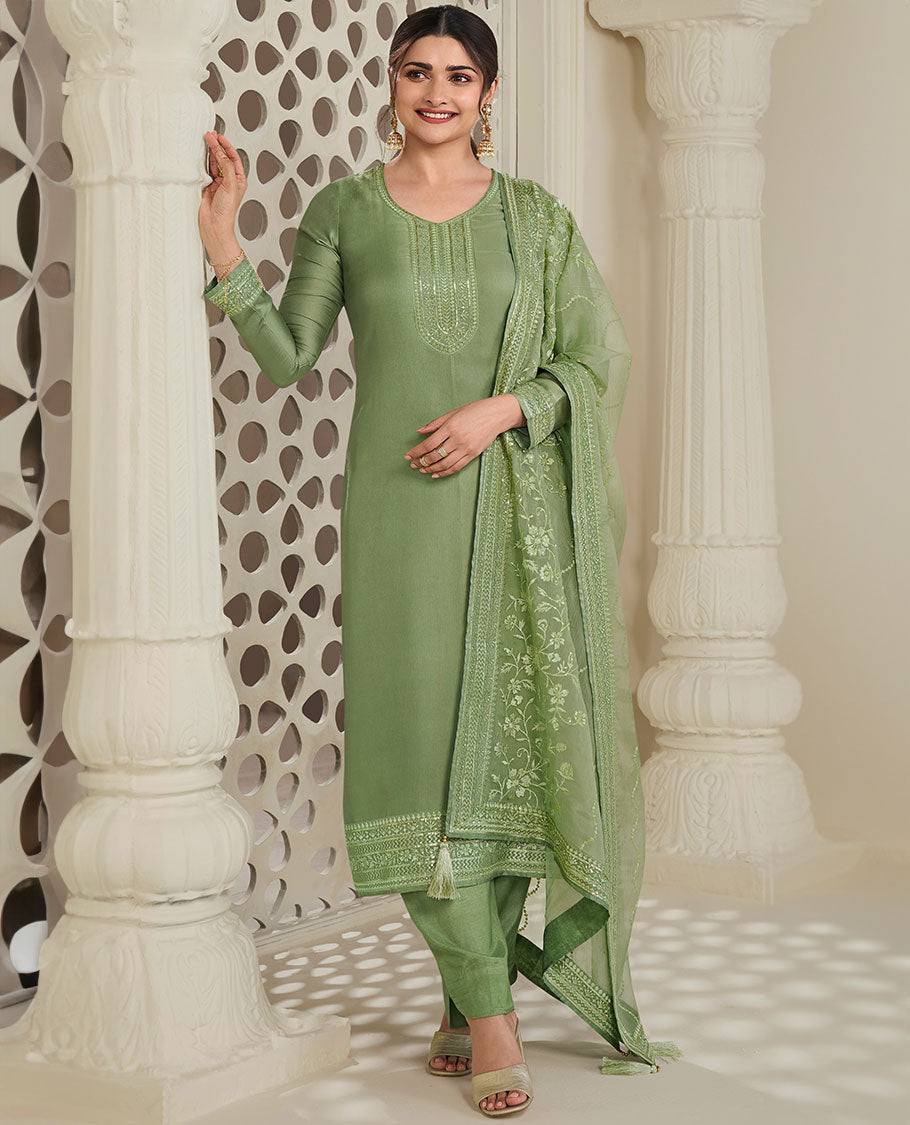 Green material churidar set, neck embroidery georgette top, plain bottom & net floral vine embroidered dupatta