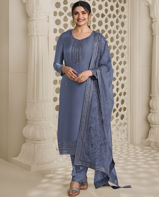 Grey material churidar set, neck embroidery georgette top, plain bottom & net floral vine embroidered dupatta