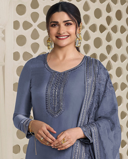 Grey material churidar set, neck embroidery georgette top, plain bottom & net floral vine embroidered dupatta