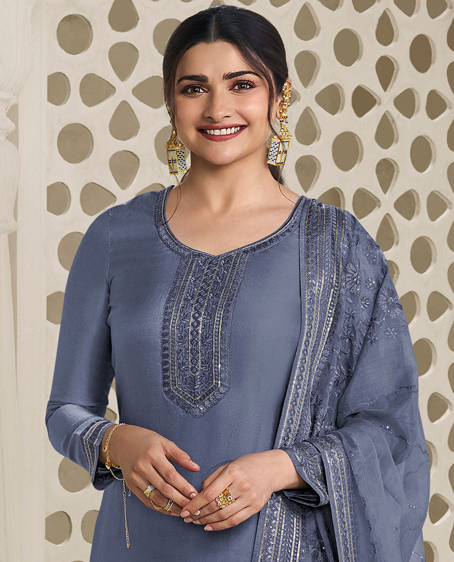 Grey material churidar set, neck embroidery georgette top, plain bottom & net floral vine embroidered dupatta