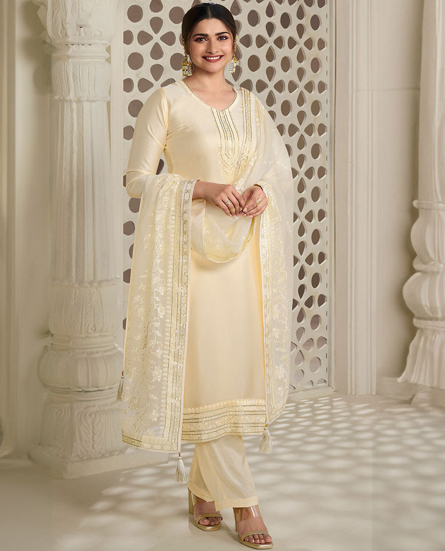Cream material churidar set, neck embroidery  georgette top, plain bottom & net floral vine embroidered dupatta