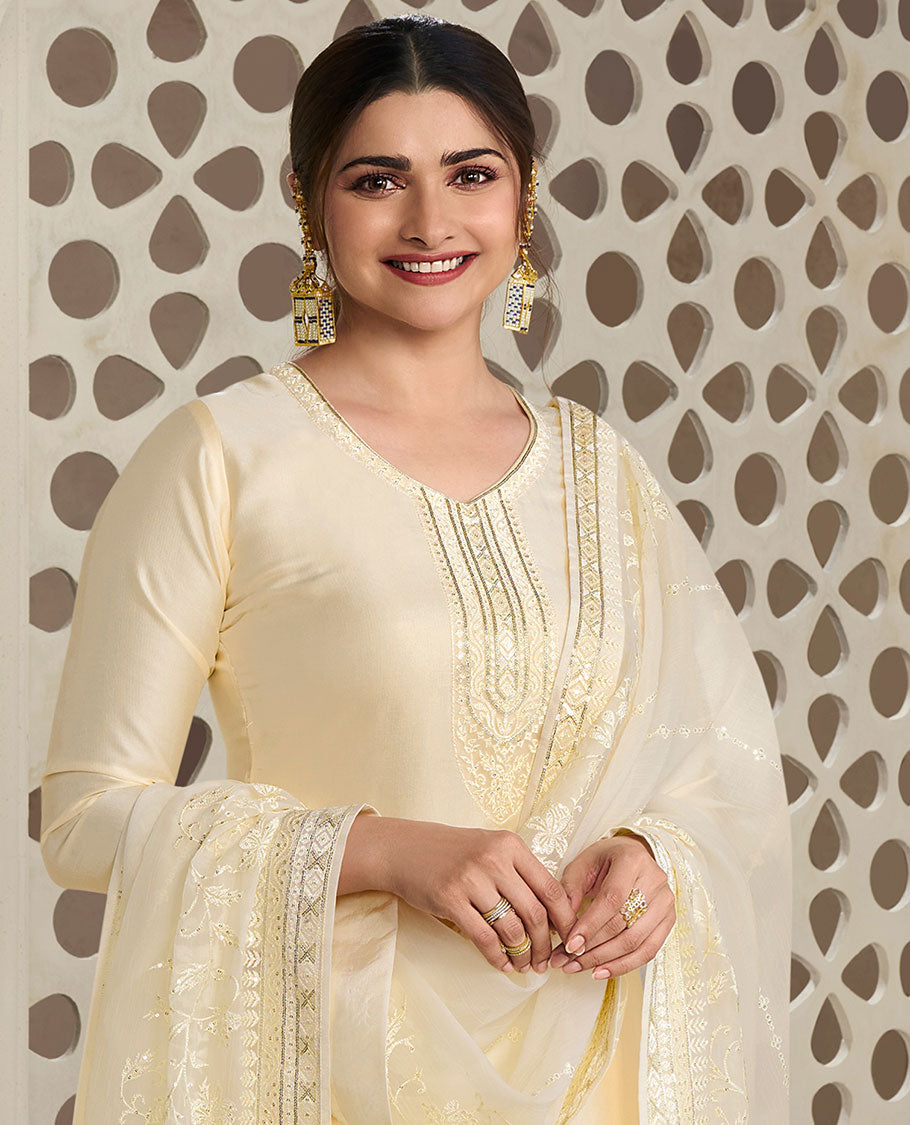 Cream material churidar set, neck embroidery  georgette top, plain bottom & net floral vine embroidered dupatta