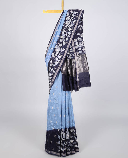 Blue chanderi cotton saree with all-over buttas, contrast border & pallu of batik-style floral & bird print