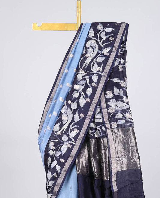 Blue chanderi cotton saree with all-over buttas, contrast border & pallu of batik-style floral & bird print