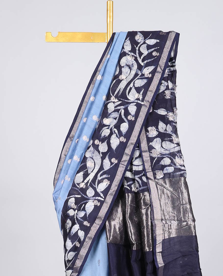 Blue chanderi cotton saree with all-over buttas, contrast border & pallu of batik-style floral & bird print