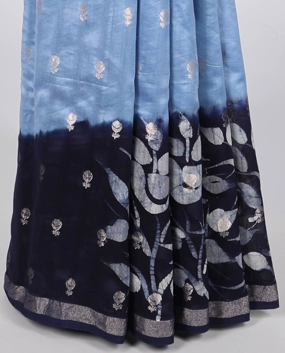 Blue chanderi cotton saree with all-over buttas, contrast border & pallu of batik-style floral & bird print