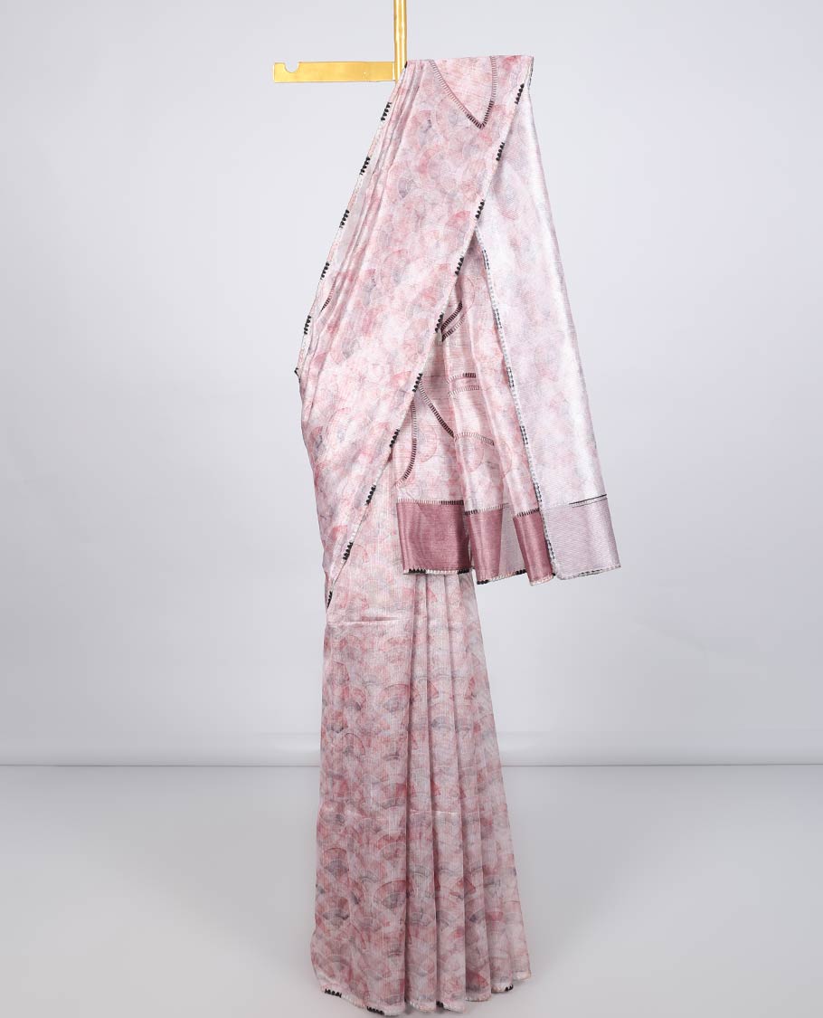 Borderless pink abstract-printed semi banaras linen saree, self-pallu of thread work 