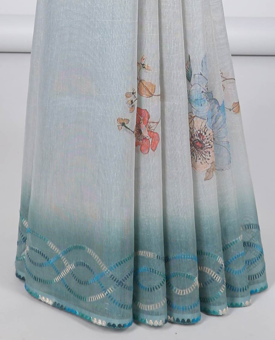 Pale blue floral motifs printed semi banaras linen saree, contrast threadwork border & colorful floral printed pallu 