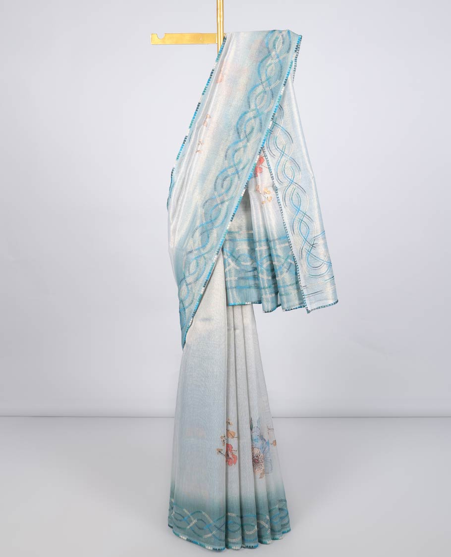 Pale blue floral motifs printed semi banaras linen saree, contrast threadwork border & colorful floral printed pallu 