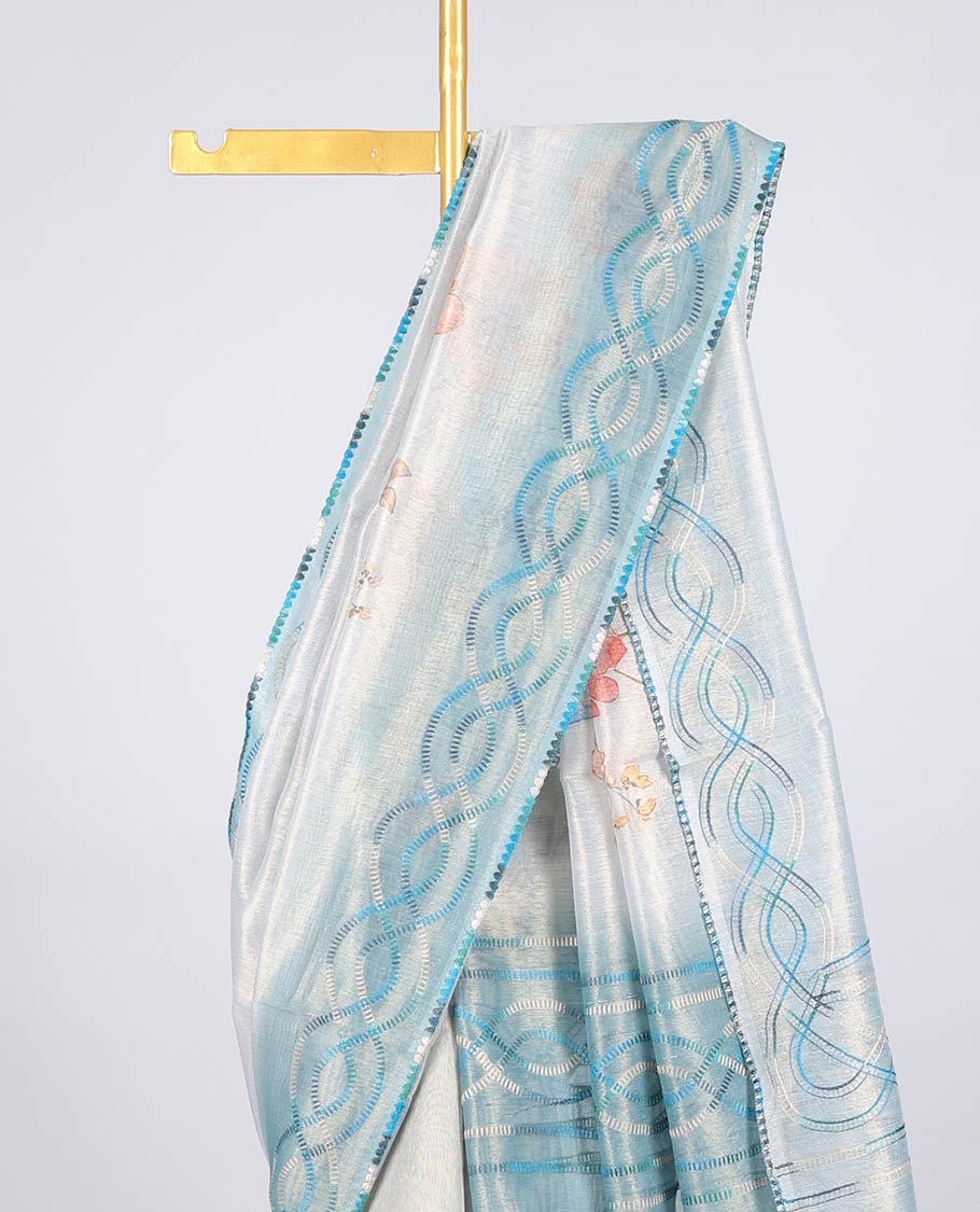 Pale blue floral motifs printed semi banaras linen saree, contrast threadwork border & colorful floral printed pallu 