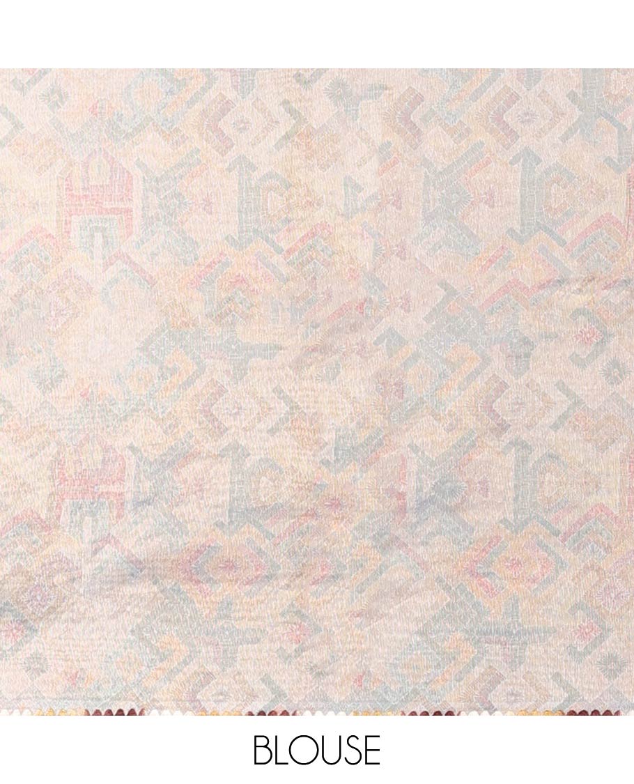 Multi-color uniquely printed semi-banaras linen saree, contrast thread work border & pallu