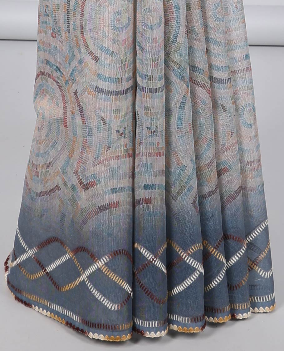 Multi-color uniquely printed semi-banaras linen saree, contrast thread work border & pallu