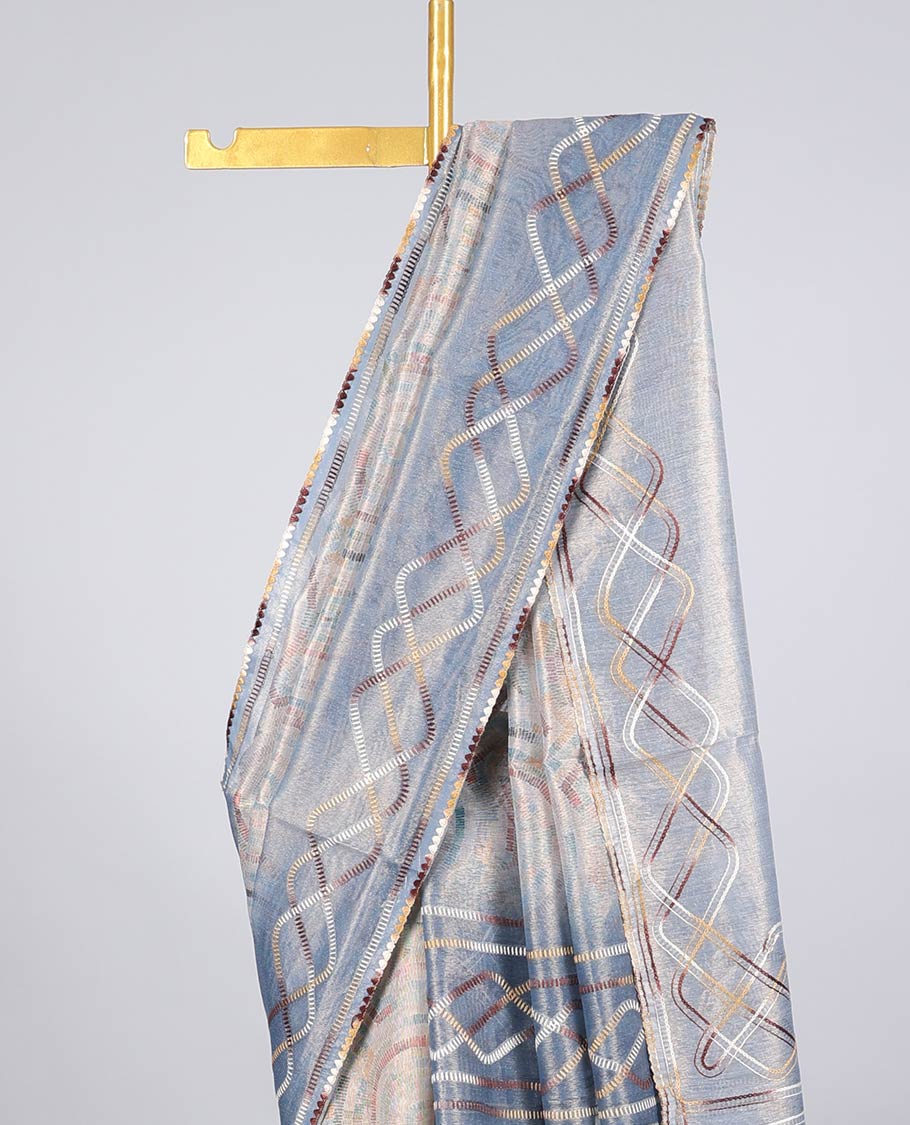 Multi-color uniquely printed semi-banaras linen saree, contrast thread work border & pallu