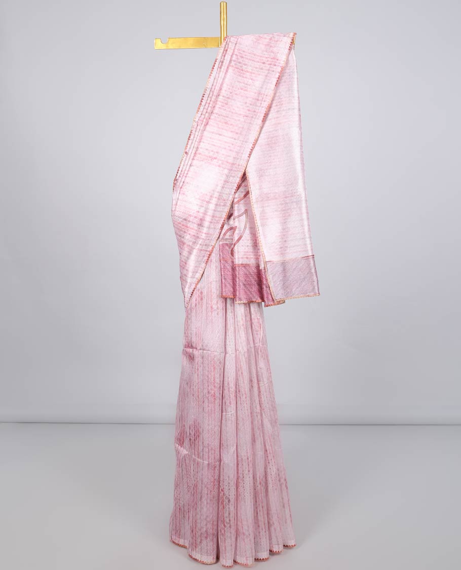 Borderless pink geometric printed semi banaras linen saree, self-pallu of geometric print & threadwork
