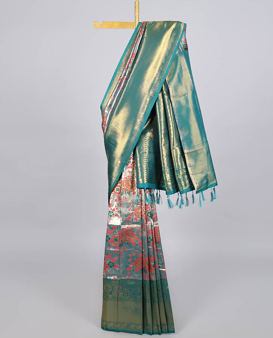 Green jacquard Semi banaras tissue saree, contrast traditional design border & intricately designed pallu