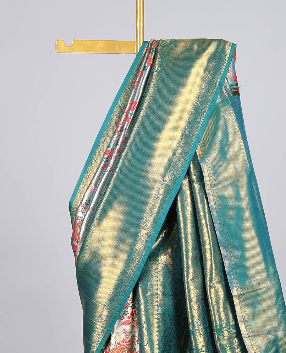 Green jacquard Semi banaras tissue saree, contrast traditional design border & intricately designed pallu