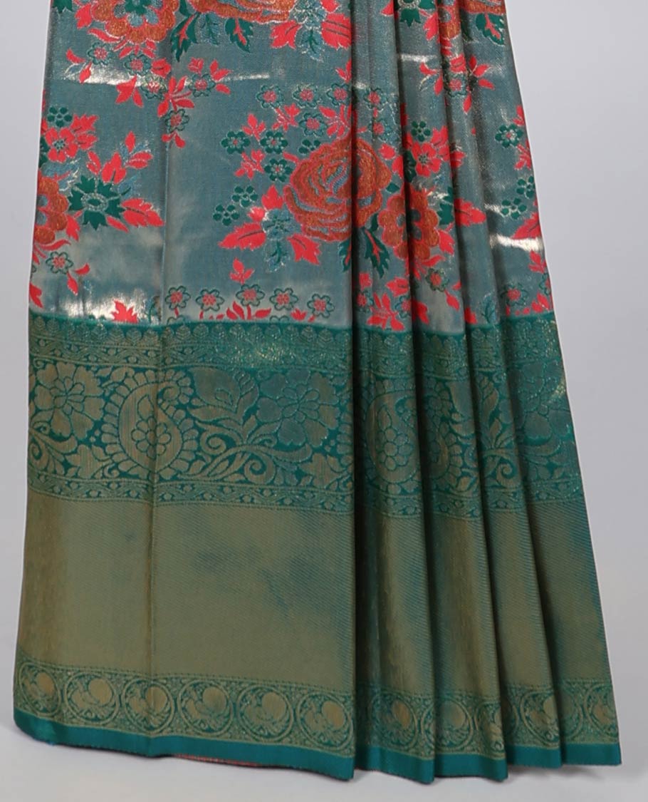 Green jacquard Semi banaras tissue saree, contrast traditional design border & intricately designed pallu