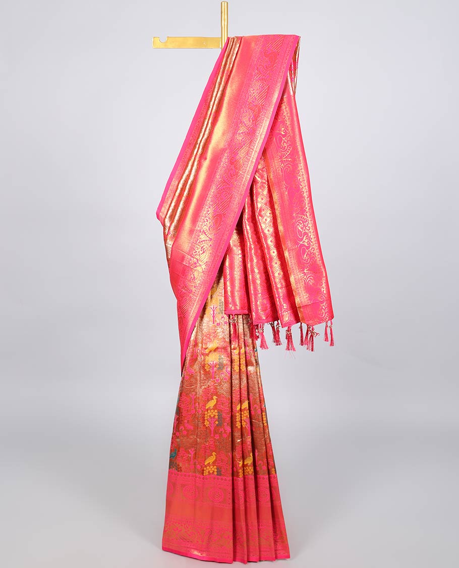 Multi-color meenakari jacquard Semi banaras tissue saree, traditional design border & ogee patterned pallu