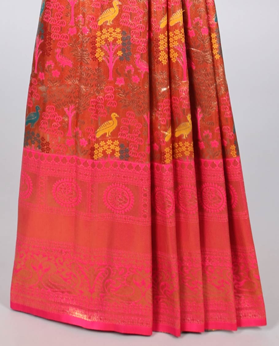 Multi-color meenakari jacquard Semi banaras tissue saree, traditional design border & ogee patterned pallu