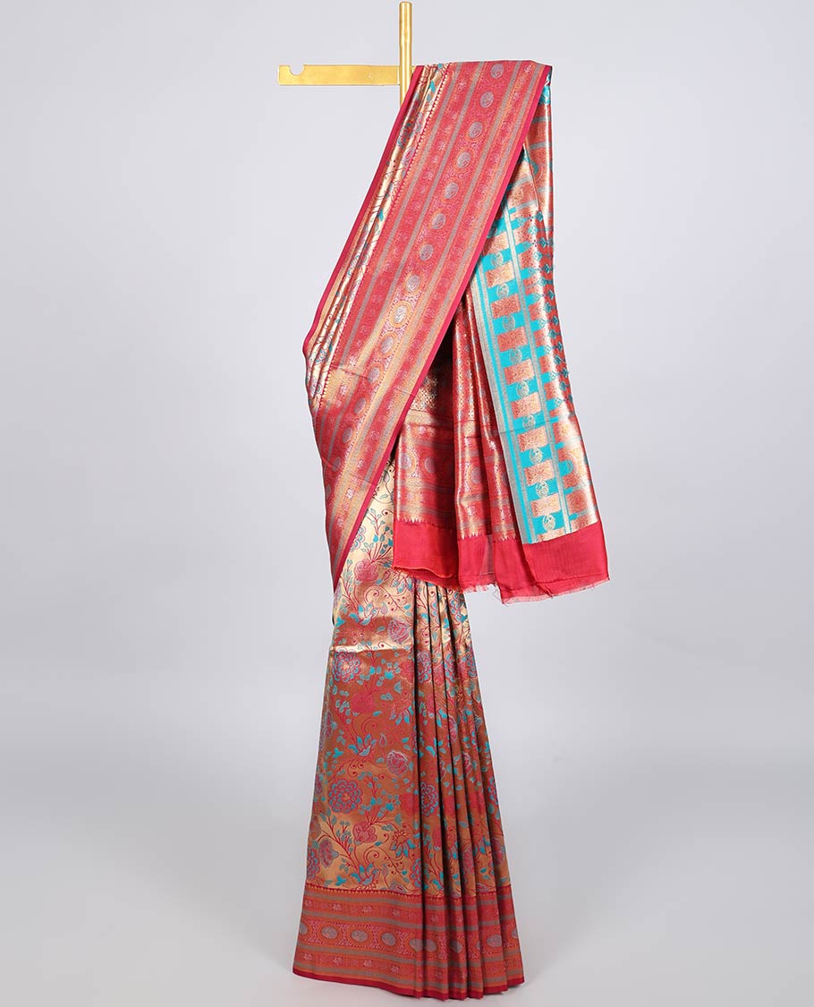 Red floral jaal jacquard Semi banaras tissue saree, traditional design border & intricate pallu