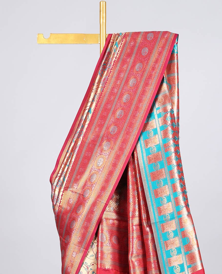 Red floral jaal jacquard Semi banaras tissue saree, traditional design border & intricate pallu